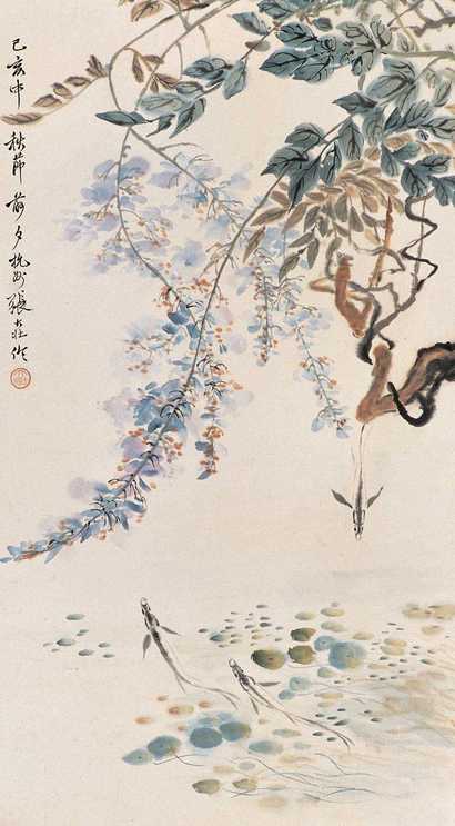 张大壮 1959年（己亥）作  紫藤游鱼图 立轴